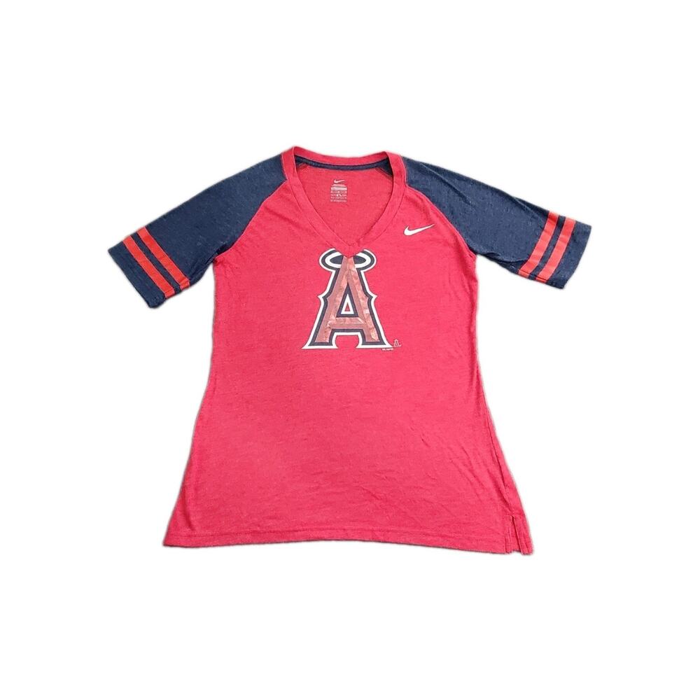 Nike MLB Los Angeles Angels Sz M T-Shirt Women's Red Angels Logo V-Neck C20-14